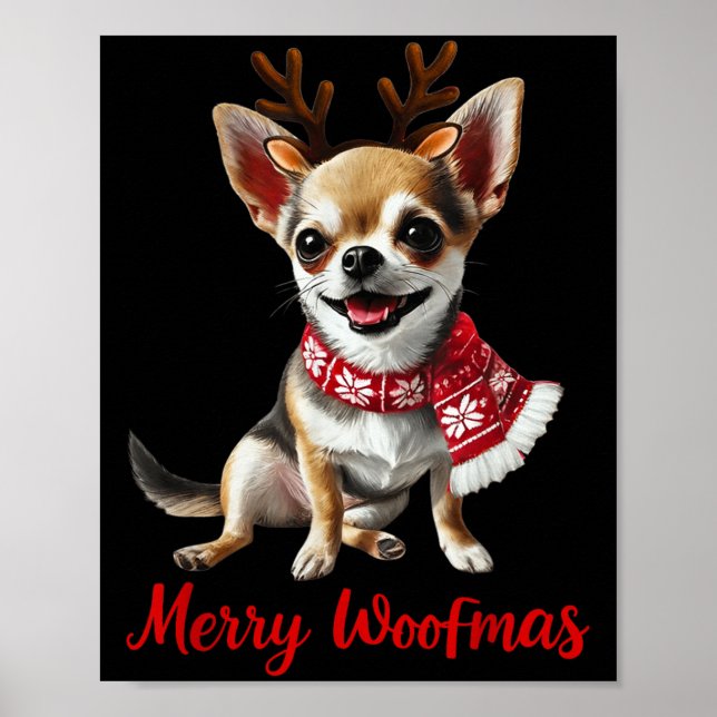 Poster Merry Woofmas Chihuahua Dog Meme In Reindeer Antle (Frente)