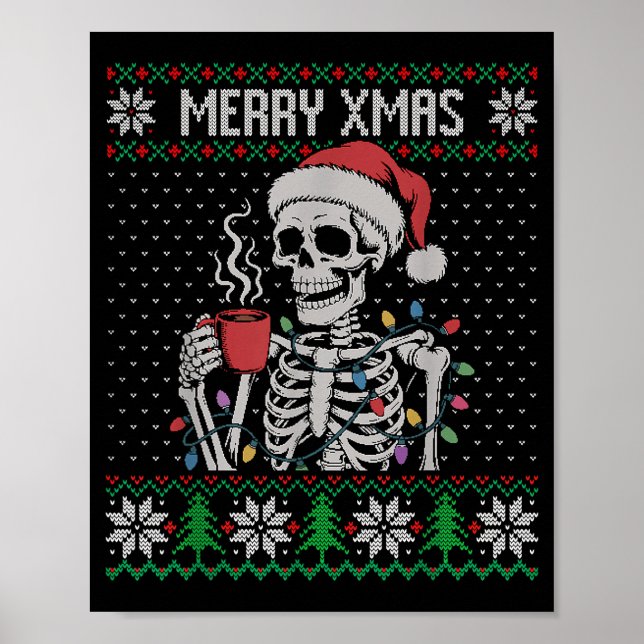 Poster Merry Xmas Skeleton Ugly Sweater, Skull Wearing Sa (Frente)