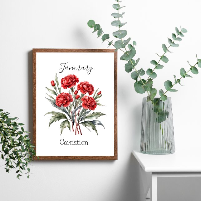 Poster Mês de Nascimento do Craveiro de Flor - Presente (January Red Carnation Birth Month Flower Poster Print Wall Art. Personalize it)