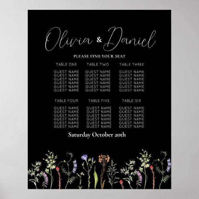 Poster Mesa 6 Planos de assento Casamento de flores silve (Frente)