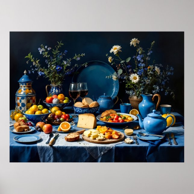 Poster Mesa azul, vida estática com Fruta, queijo e fluxo (Frente)