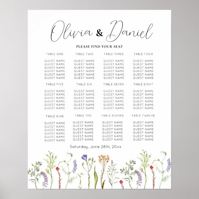 Poster Mesa Casamento 12 Flores Selvagens Floral (Frente)