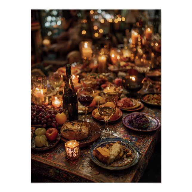 Pôster Mesa de Banquete de Vinho Tinto Ornamentada (Frente)