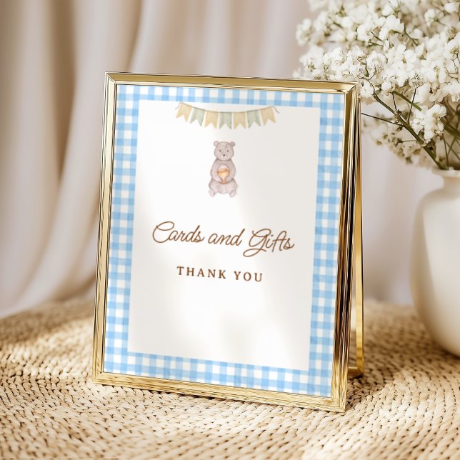 Poster Mesa de Bebê Rustica Urso Azul Xadrez (Rustic Bear Blue Gingham Tabletop Sign)