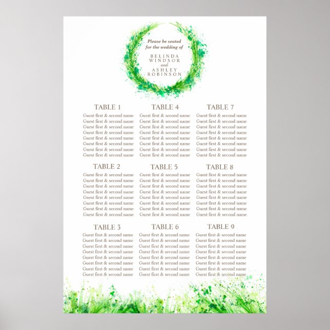 Pôster Mesa de Casamento Verde Planner 1-9 mesas (Frente)