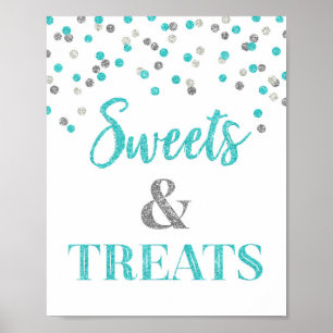 Poster Mesa de prata azul da sobremesa dos doces & dos
