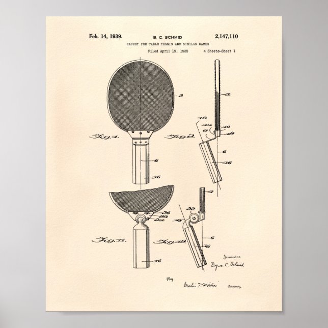 Pôster Mesa de Racket Tênis de 1939, Arte Patente - Anter (Frente)