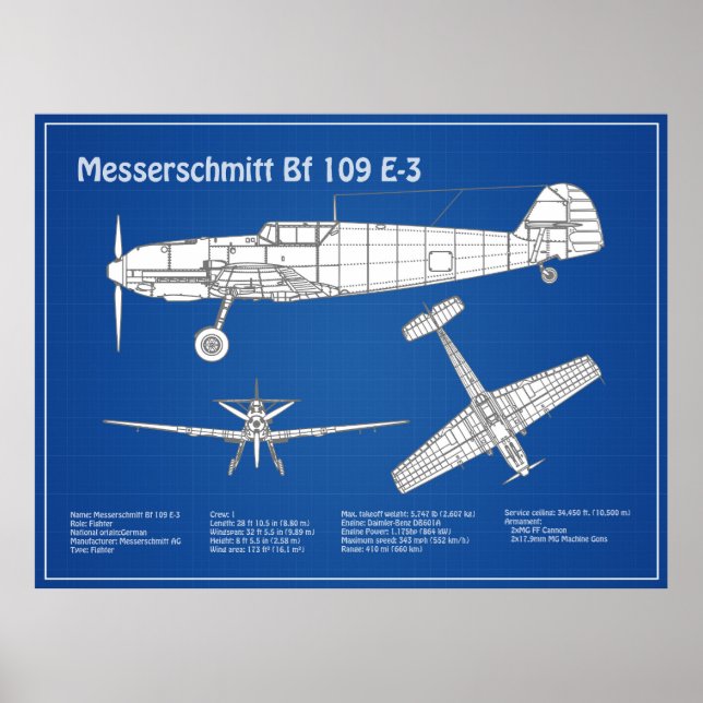 Poster Messerschmitt Bf 109 - Airplane Blueprint ABD (Frente)