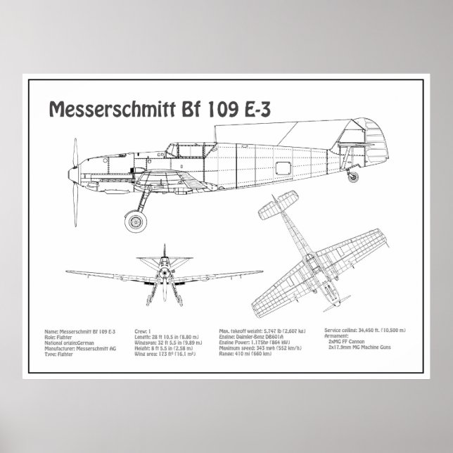 Poster Messerschmitt Bf 109 - Airplane Blueprint BD (Frente)