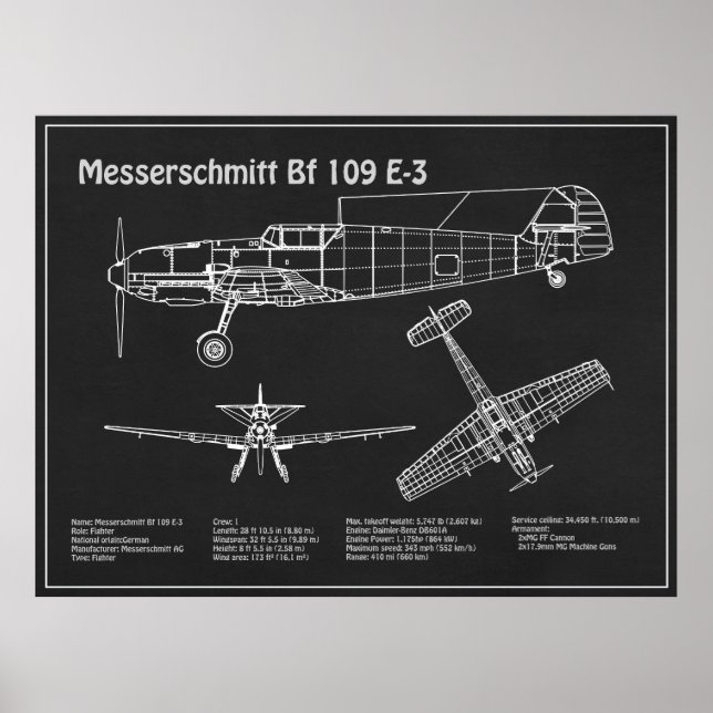 Poster Messerschmitt Bf 109 - Airplane Blueprint PD (Frente)
