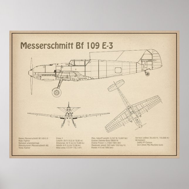 Poster Messerschmitt Bf 109 - Airplane Blueprint SD (Frente)