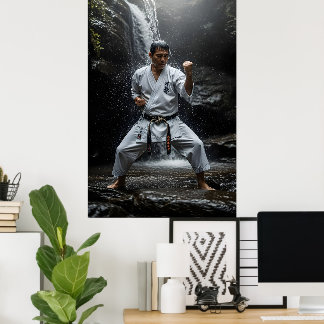 Poster Mestre de Karate Executando Kata Sob Cachoeira