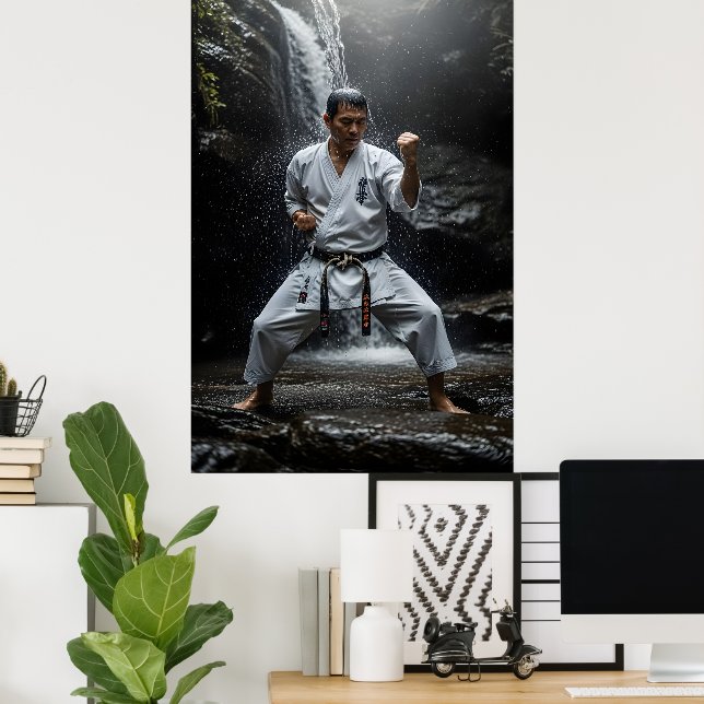 Poster Mestre de Karate Executando Kata Sob Cachoeira (Escritório em casa)