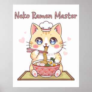 Poster Mestre de Ramen de Gato Fofo Kawaii Chef de Comida
