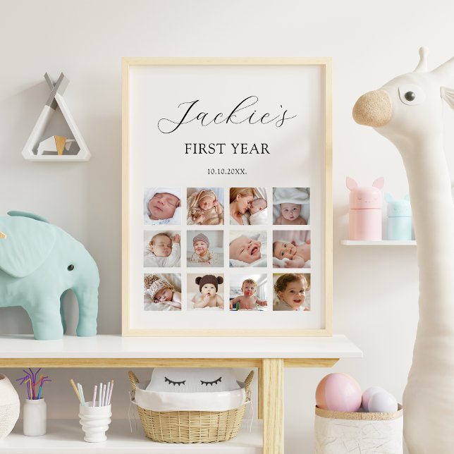 Poster Meu Primeiro Ano - primeiro aniversario 12 - Sinal (My First Year Sign with 12 Photos for 1st Birthday | Minimalist Modern)