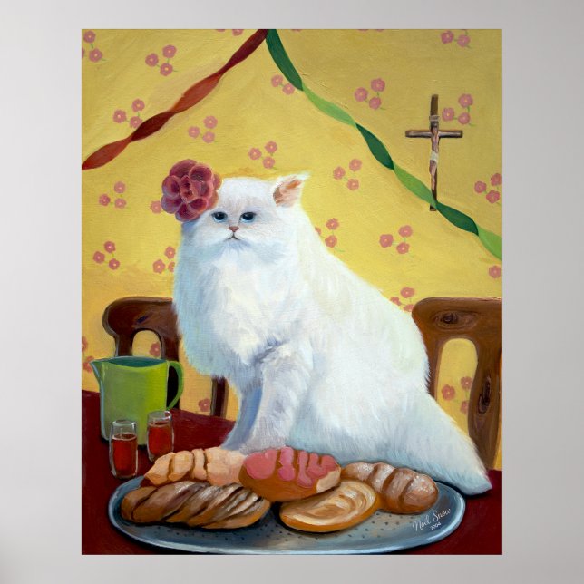 Poster Mexican Folk Inspired White Cat Wall Art (Frente)