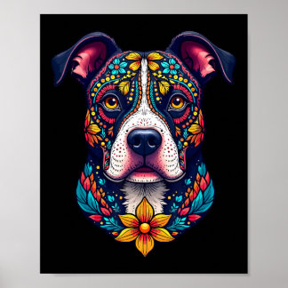 Poster Mexican Sugar Skull Pitbull Dog Dia De Muertos Hal