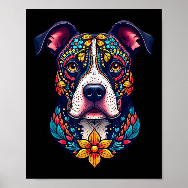 Poster Mexican Sugar Skull Pitbull Dog Dia De Muertos Hal (Frente)