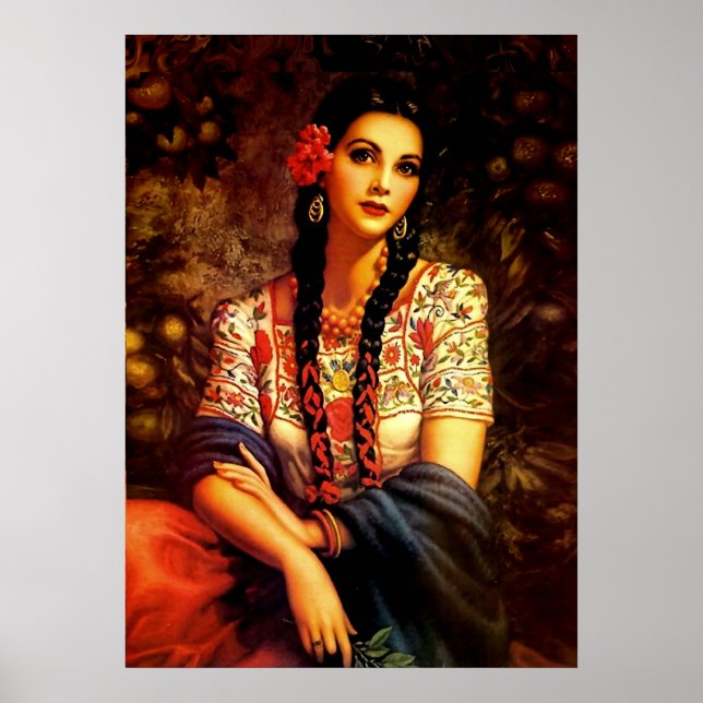 Poster Mexican Vintage Pin-Up Girl with Long Braids (Frente)