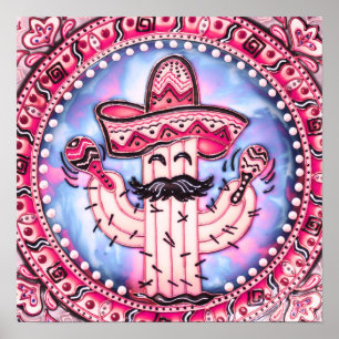 Poster Mexicano Fiesta Cinco de Mayo Sombrero Azul Rosa