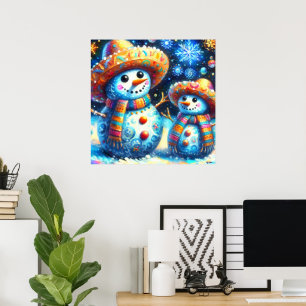 Poster Mexicano Folk Art Snowmen Snowman Endereço de Regr