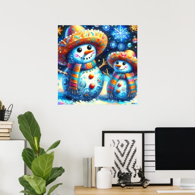 Poster Mexicano Folk Art Snowmen Snowman Endereço de Regr (Escritório em casa)
