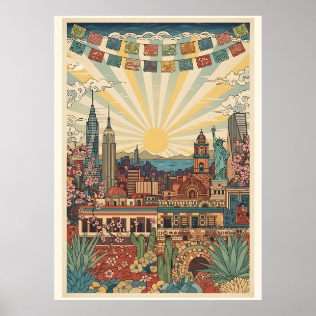 Poster Mexico City Skyline Vintage Travel American gift (Frente)