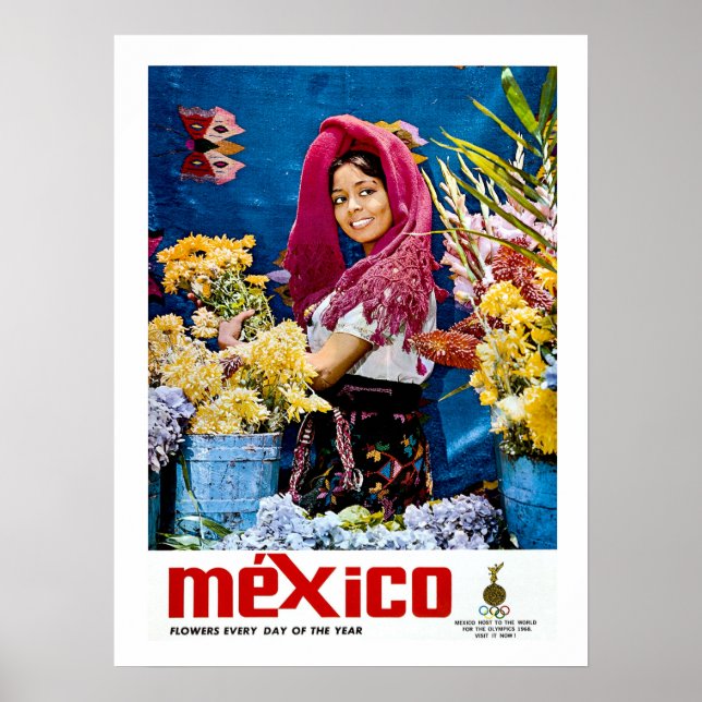Poster México, moça sorridente com flores, colheita, viag (Frente)