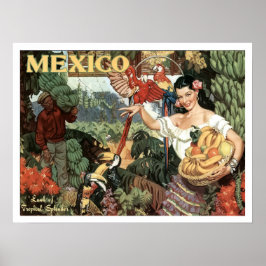 Poster México, mulher com frutas e papagaios trópicos