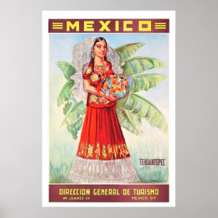 Poster México, mulher mexicana com a cesta de fruta