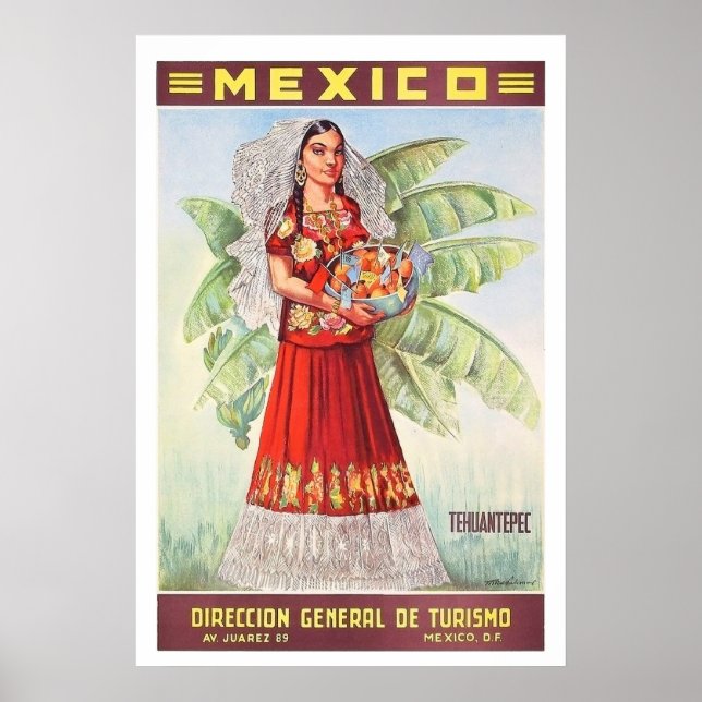 Poster México, mulher mexicana com cesto de frutas tropic (Frente)