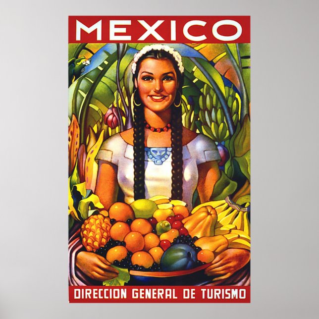 Poster México, mulher sorrindo com frutas tropicais, vint (Frente)