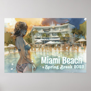 Poster Miami Beach Break Girl in Piscina Watercolor
