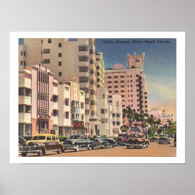 Poster Miami Beach, Collins Ave 1940s Vintage inspirada (Frente)
