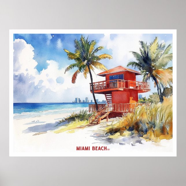 Poster Miami Beach, Flórida, cartão-postal de pintura aqu (Frente)