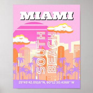 Poster Miami Beach, Miami Viagem Art, Preppy Room, rosa