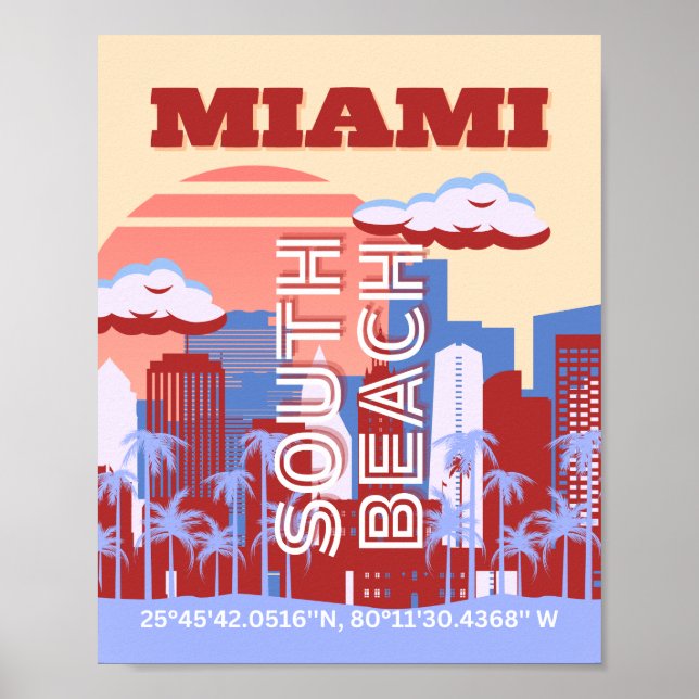 Poster Miami Beach, Miami Viagem Art, Retro (Frente)