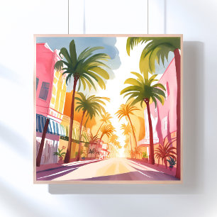 Poster Miami Beach Pintura em Aquarela Colorida e Vibra