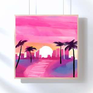 Poster Miami em Rosa   Pintura em Aquarela Brilhante