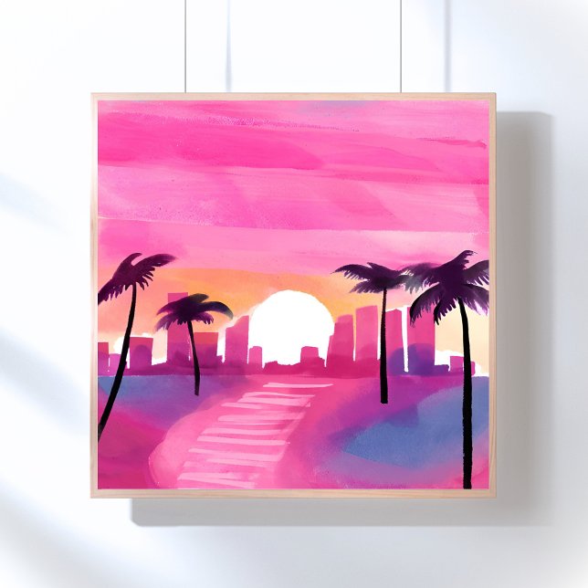 Poster Miami em rosa | Pintura em aquarela brilhante (Criador carregado)