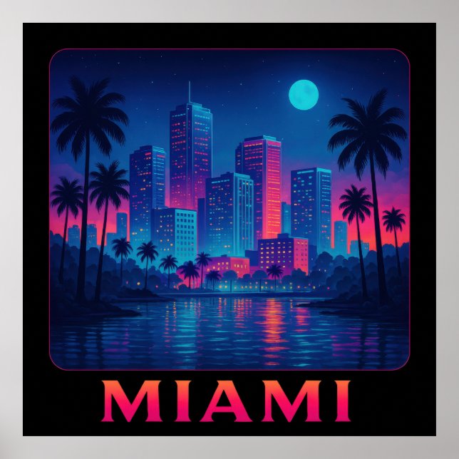 Poster Miami Moonrise - Linha do Céu Neon (Frente)