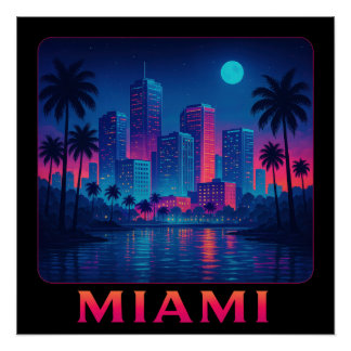 Pôster Miami Moonrise - Linha do Céu Neon