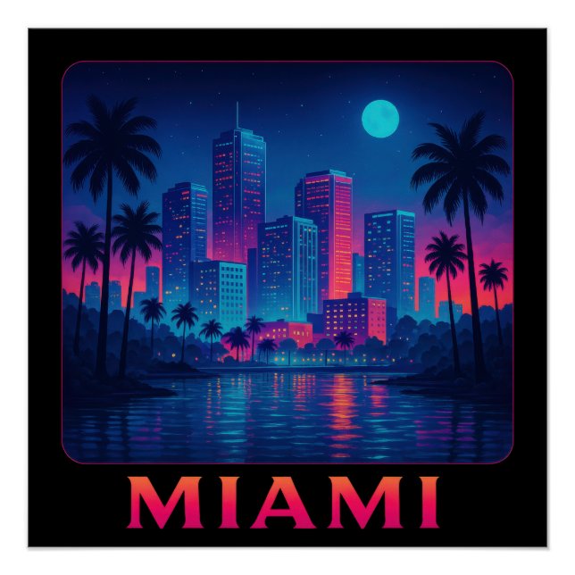 Pôster Miami Moonrise - Linha do Céu Neon (Frente)