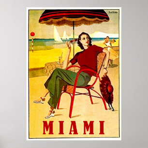 Poster Miami, mulher na praia da areia, viagens vintage
