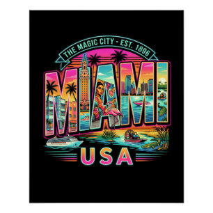 Pôster Miami Neon Retro Vintage Praia Art Deco Estilo EUA
