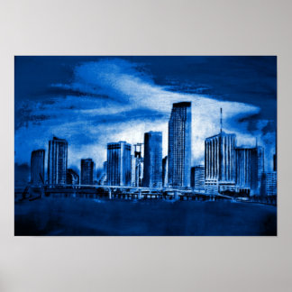 Pôster Miami Skyline in Blue