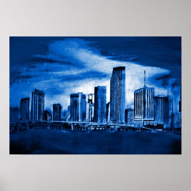 Pôster Miami Skyline in Blue (Frente)