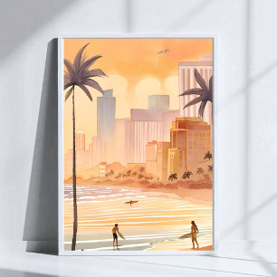 Poster Miami Sunrise Pintura da Silhueta em Aquarela Am