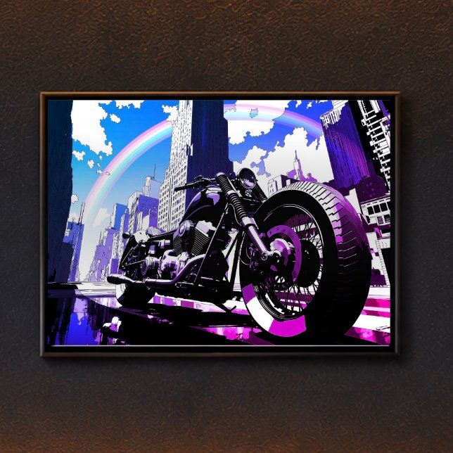 Poster Miami Vice Synthwave Motorcycle Neon Rainbow Art (This image shows the product with a frame attached; the frame is not included.)