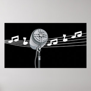 Pôster Mic retro legal & costume preto das notas musicais